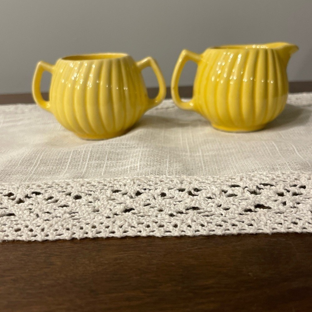 Vintage Yellow Ribbed Ceramic Creamer & Sugar Bowl Set Cottage Farmhouse